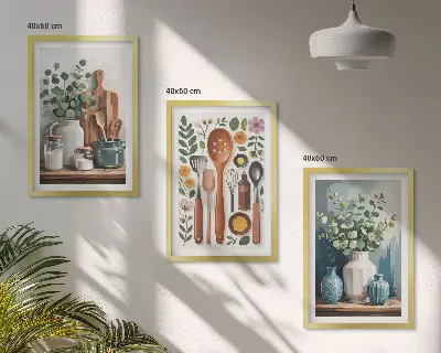 Augaliniai virtuvės reikmenys 3 paveikslų rinkinys su rėmais