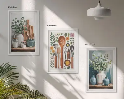Augaliniai virtuvės reikmenys 3 paveikslų rinkinys su rėmais