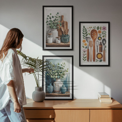 3 paveikslų rinkinys su rėmais Augaliniai virtuvės reikmenys