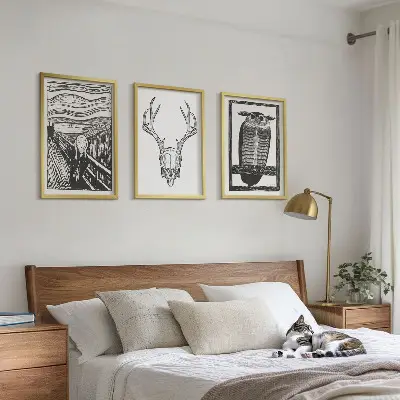 Įrėmintas triptikas rėkiančių kaukolės pelėdų grafika