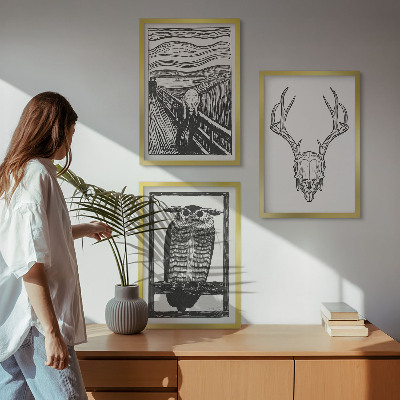 Įrėmintas triptikas Rėkiančios kaukolės pelėdos grafika
