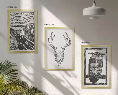 Įrėmintas triptikas rėkiančių kaukolės pelėdų grafika