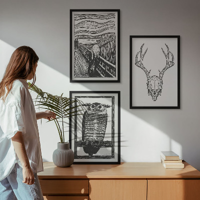 Įrėmintas triptikas Rėkiančios kaukolės pelėdos grafika