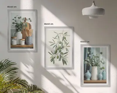 3 paveikslų rinkinys su rėmais žaliosios alyvuogės ir eukaliptas