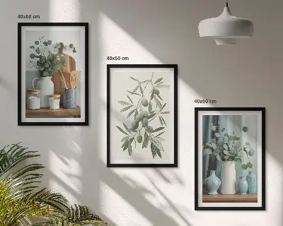 3 paveikslų rinkinys su rėmais žaliosios alyvuogės ir eukaliptas