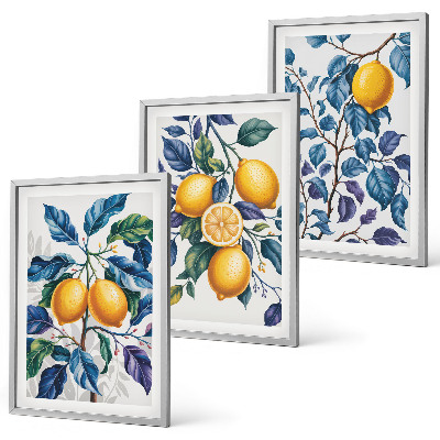Įrėmintas triptikas Citrinų šakos mėlyni lapai