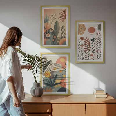 Įrėmintas triptikas Boho augalų raštai gamtoje