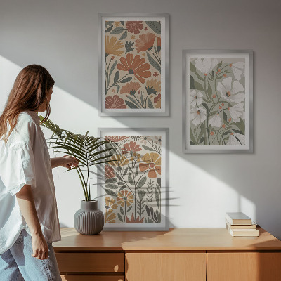 3 paveikslų rinkinys su rėmais Gėlių raštai oranžinė žalia