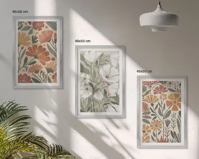 3 paveikslų rinkinys su rėmais gėlių raštai, oranžinė ir žalia spalvos
