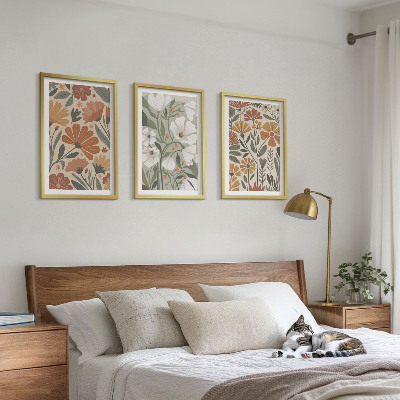3 paveikslų rinkinys su rėmais Gėlių raštai oranžinė žalia