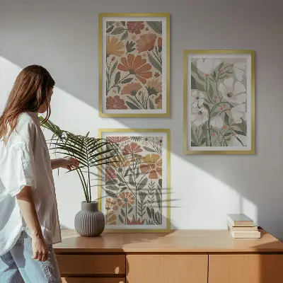 3 paveikslų rinkinys su rėmais gėlių raštai, oranžinė ir žalia spalvos