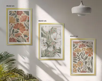 3 paveikslų rinkinys su rėmais gėlių raštai, oranžinė ir žalia spalvos