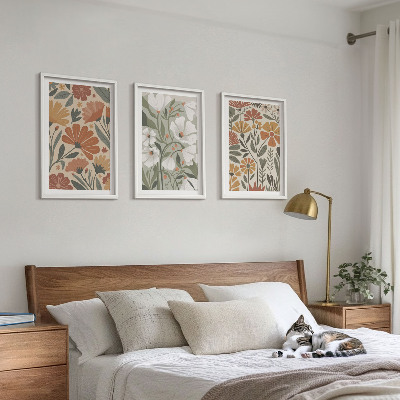 3 paveikslų rinkinys su rėmais Gėlių raštai oranžinė žalia