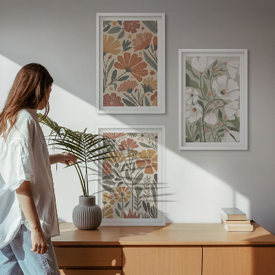 3 paveikslų rinkinys su rėmais Gėlių raštai oranžinė žalia
