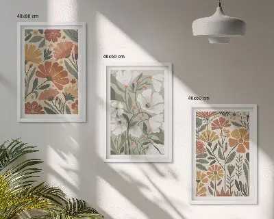 3 paveikslų rinkinys su rėmais gėlių raštai, oranžinė ir žalia spalvos