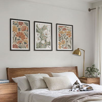 3 paveikslų rinkinys su rėmais Gėlių raštai oranžinė žalia