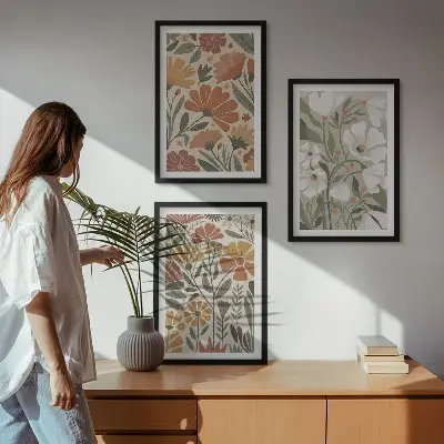 3 paveikslų rinkinys su rėmais gėlių raštai, oranžinė ir žalia spalvos
