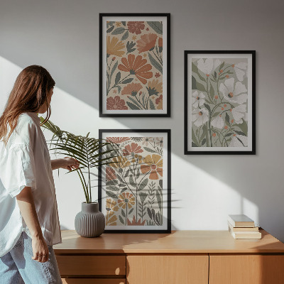 3 paveikslų rinkinys su rėmais Gėlių raštai oranžinė žalia