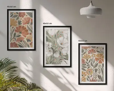 3 paveikslų rinkinys su rėmais gėlių raštai, oranžinė ir žalia spalvos