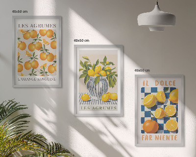 3 paveikslų rinkinys su rėmais Retro geltoni citrusiniai vaisiai