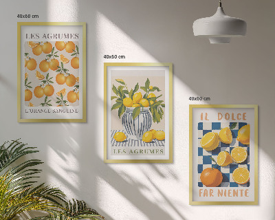 3 paveikslų rinkinys su rėmais Retro geltoni citrusiniai vaisiai