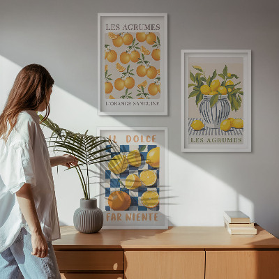 3 paveikslų rinkinys su rėmais Retro geltoni citrusiniai vaisiai