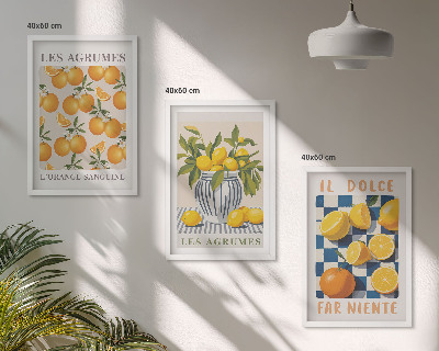 3 paveikslų rinkinys su rėmais Retro geltoni citrusiniai vaisiai