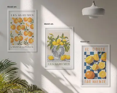 3 paveikslų rinkinys su rėmais ir retro stiliaus geltonų citrusinių vaisių motyvais