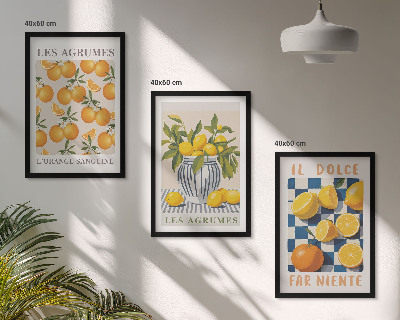 3 paveikslų rinkinys su rėmais Retro geltoni citrusiniai vaisiai