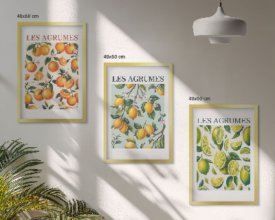 Įrėmintas triptikas Vaisių citrusinių vaisių pasteliniai raštai