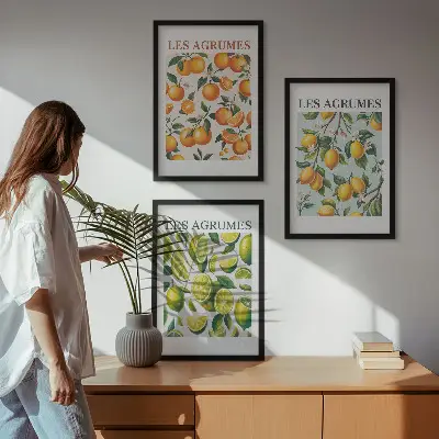 Įrėmintas triptikas pasteliniai citrusinių vaisių raštai
