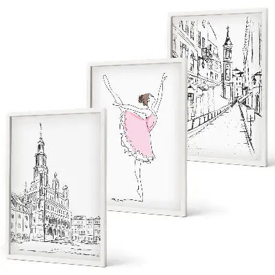 Paveikslų rinkinys stilingos balerinos ir architektūra, 3 dalys su rėmais