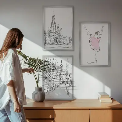 Paveikslų rinkinys stilingos balerinos ir architektūra, 3 dalys su rėmais