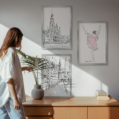 3 paveikslų rinkinys su rėmais Stilingos balerinos ir architektūra