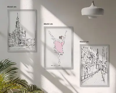 Paveikslų rinkinys stilingos balerinos ir architektūra, 3 dalys su rėmais