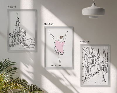 3 paveikslų rinkinys su rėmais Stilingos balerinos ir architektūra