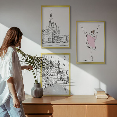 3 paveikslų rinkinys su rėmais Stilingos balerinos ir architektūra