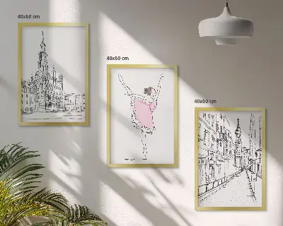 Paveikslų rinkinys stilingos balerinos ir architektūra, 3 dalys su rėmais