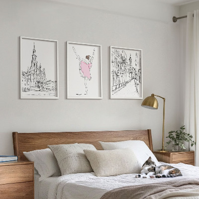 3 paveikslų rinkinys su rėmais Stilingos balerinos ir architektūra