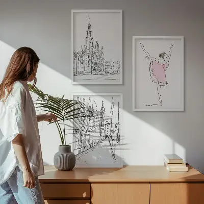 Paveikslų rinkinys stilingos balerinos ir architektūra, 3 dalys su rėmais