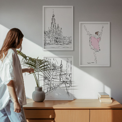 3 paveikslų rinkinys su rėmais Stilingos balerinos ir architektūra