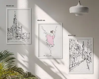 Paveikslų rinkinys stilingos balerinos ir architektūra, 3 dalys su rėmais