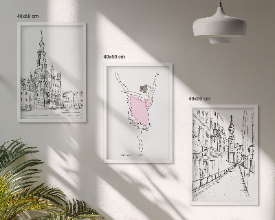 3 paveikslų rinkinys su rėmais Stilingos balerinos ir architektūra