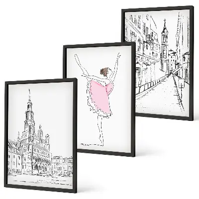 Paveikslų rinkinys stilingos balerinos ir architektūra, 3 dalys su rėmais