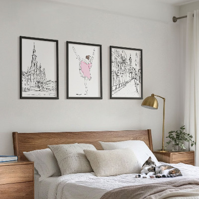 3 paveikslų rinkinys su rėmais Stilingos balerinos ir architektūra