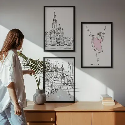 Paveikslų rinkinys stilingos balerinos ir architektūra, 3 dalys su rėmais