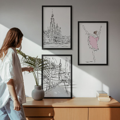 3 paveikslų rinkinys su rėmais Stilingos balerinos ir architektūra