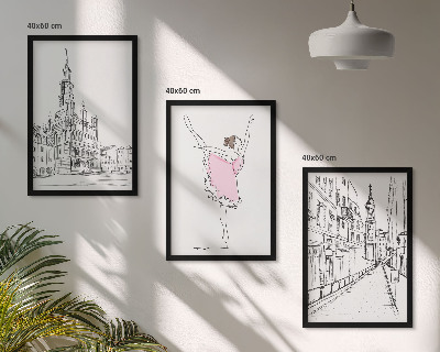 3 paveikslų rinkinys su rėmais Stilingos balerinos ir architektūra