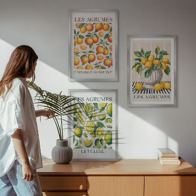 3 paveikslų rinkinys su rėmais Citrusiniai vaisiai spalvingomis versijomis