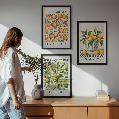 3 paveikslų rinkinys su rėmais Citrusiniai vaisiai spalvingomis versijomis